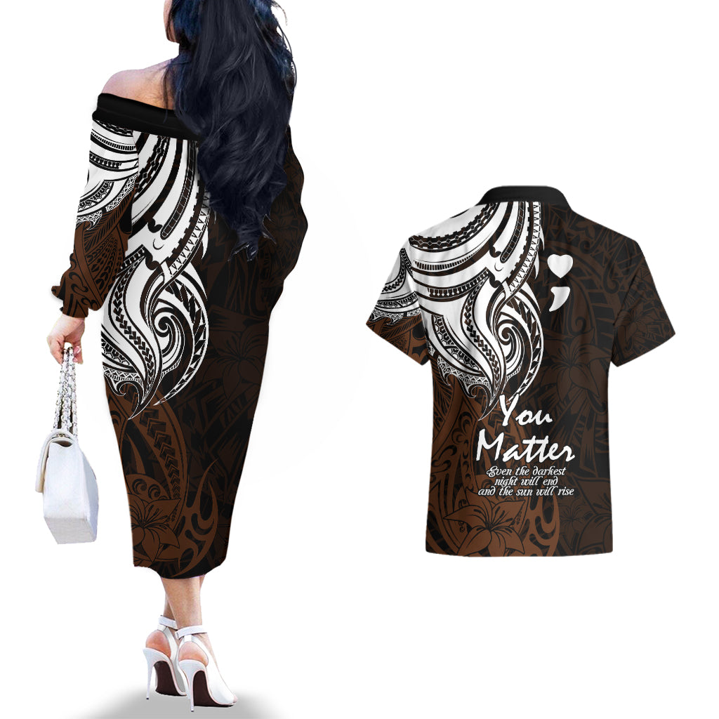 Your Matter Suicide Prevention Couples Matching Off The Shoulder Long Sleeve Dress and Hawaiian Shirt Gold Polynesian Tribal LT9 - Wonder Print Shop