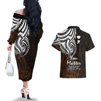 Your Matter Suicide Prevention Couples Matching Off The Shoulder Long Sleeve Dress and Hawaiian Shirt Gold Polynesian Tribal LT9 - Wonder Print Shop