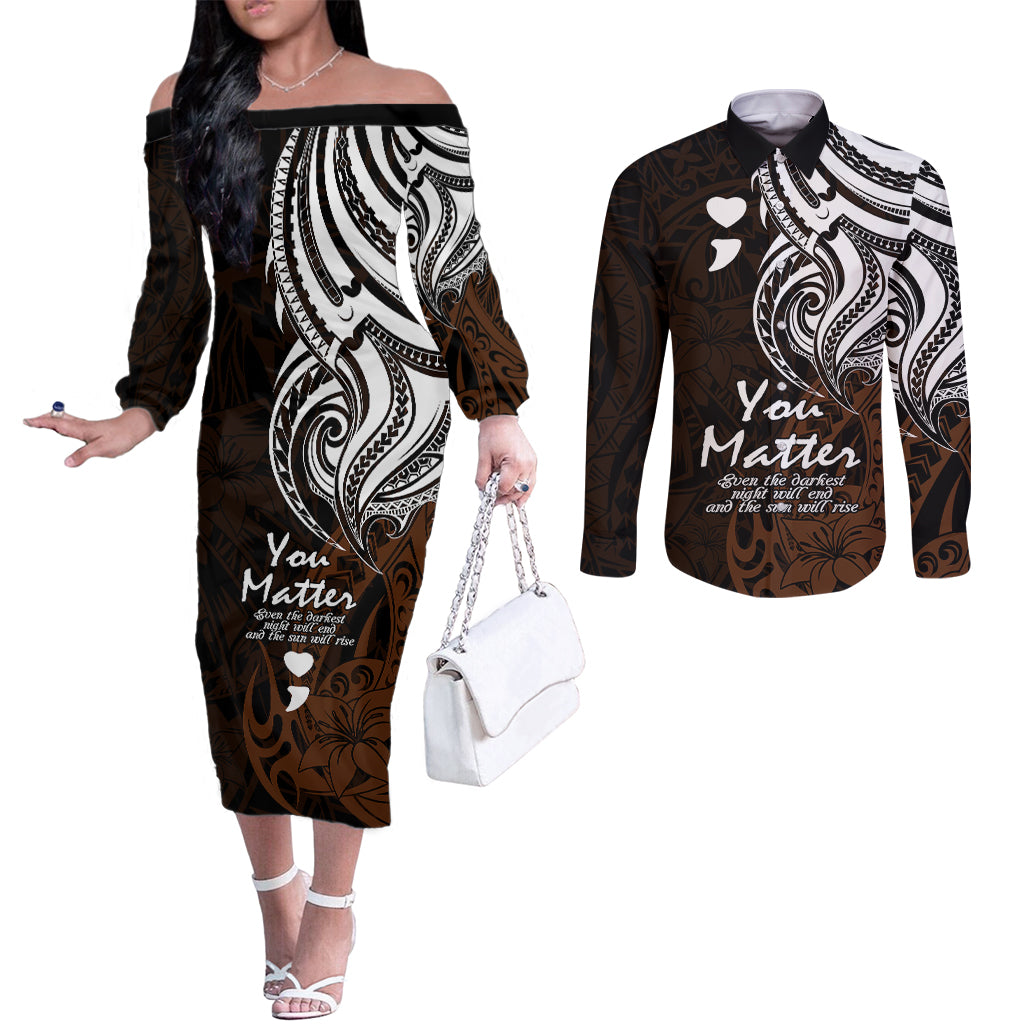 your-matter-suicide-prevention-couples-matching-off-the-shoulder-long-sleeve-dress-and-long-sleeve-button-shirts-gold-polynesian-tribal