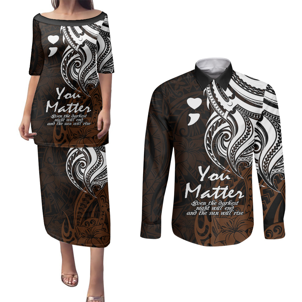 Your Matter Suicide Prevention Couples Matching Puletasi Dress and Long Sleeve Button Shirts Gold Polynesian Tribal LT9 - Wonder Print Shop