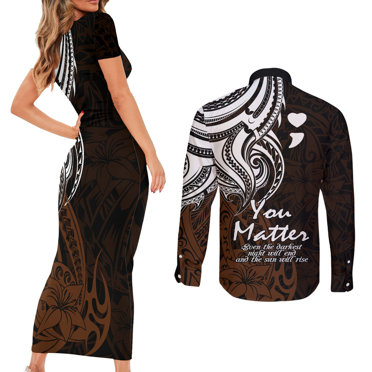 Your Matter Suicide Prevention Couples Matching Short Sleeve Bodycon Dress and Long Sleeve Button Shirts Gold Polynesian Tribal LT9 - Wonder Print Shop