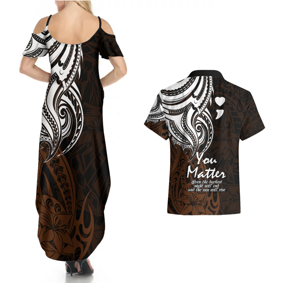Your Matter Suicide Prevention Couples Matching Summer Maxi Dress and Hawaiian Shirt Gold Polynesian Tribal LT9 - Wonder Print Shop