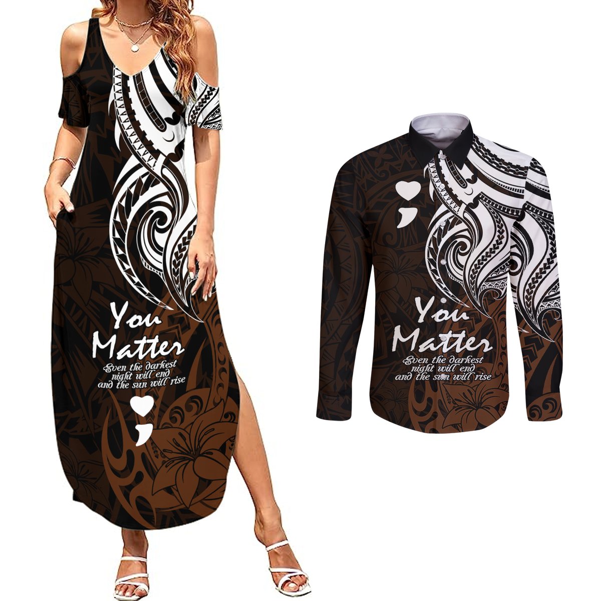 Your Matter Suicide Prevention Couples Matching Summer Maxi Dress and Long Sleeve Button Shirts Gold Polynesian Tribal LT9 - Wonder Print Shop