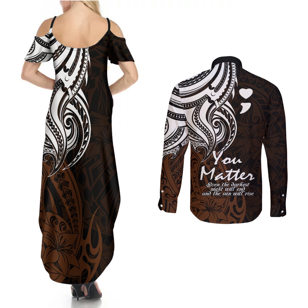 Your Matter Suicide Prevention Couples Matching Summer Maxi Dress and Long Sleeve Button Shirts Gold Polynesian Tribal LT9 - Wonder Print Shop