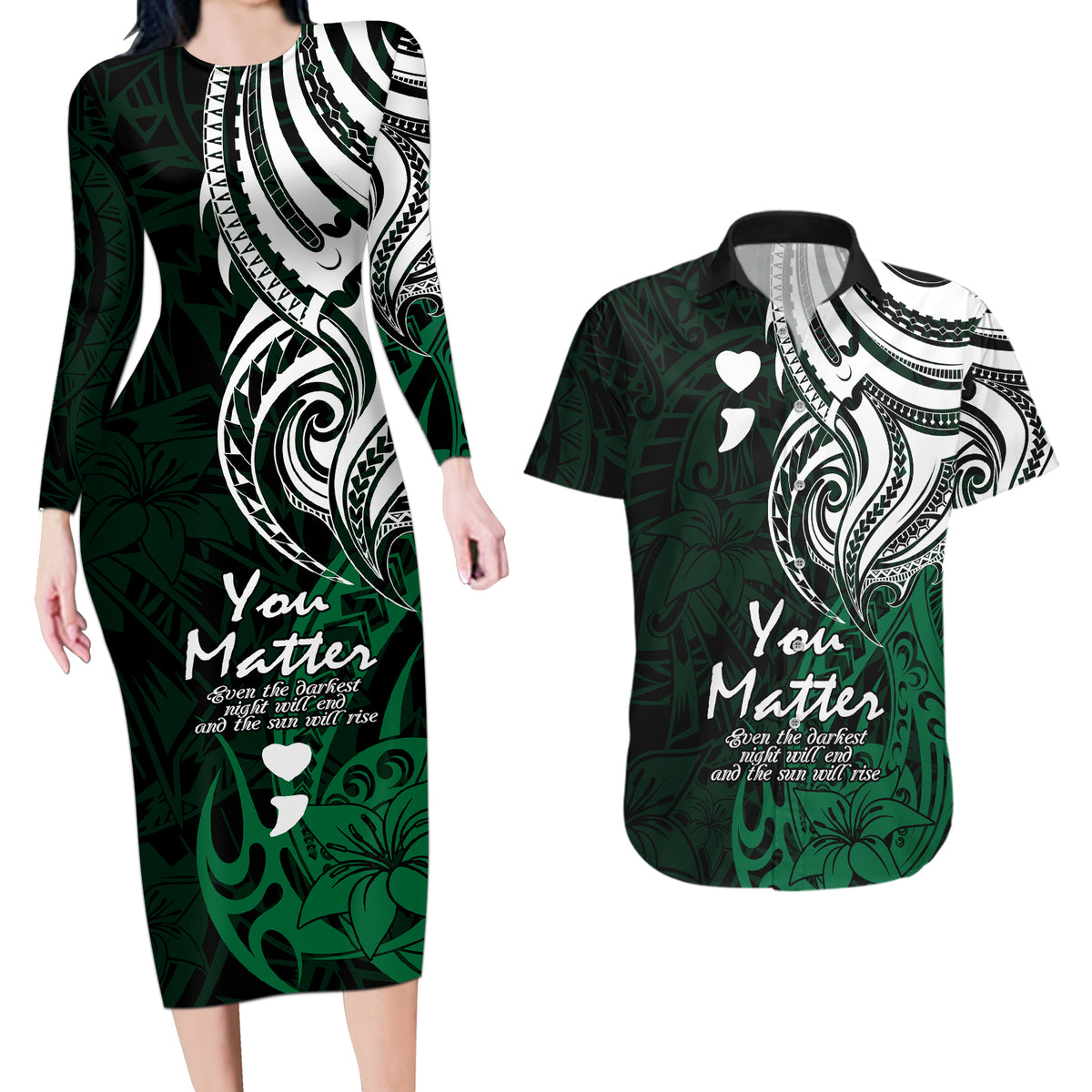 Your Matter Suicide Prevention Couples Matching Long Sleeve Bodycon Dress and Hawaiian Shirt Green Polynesian Tribal LT9 - Wonder Print Shop