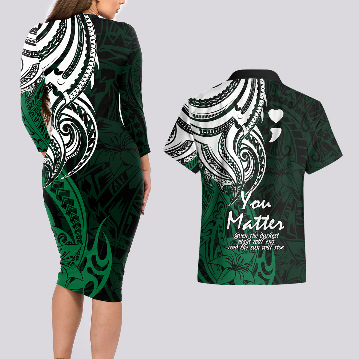 Your Matter Suicide Prevention Couples Matching Long Sleeve Bodycon Dress and Hawaiian Shirt Green Polynesian Tribal LT9 - Wonder Print Shop