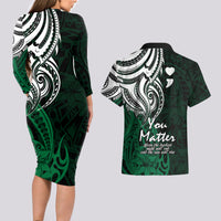 Your Matter Suicide Prevention Couples Matching Long Sleeve Bodycon Dress and Hawaiian Shirt Green Polynesian Tribal LT9 - Wonder Print Shop