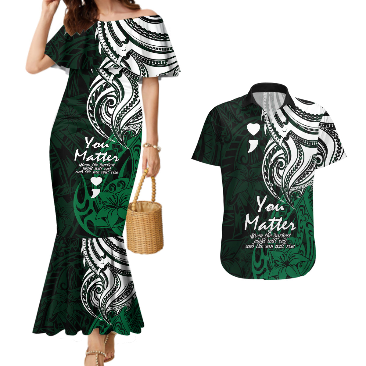 Your Matter Suicide Prevention Couples Matching Mermaid Dress and Hawaiian Shirt Green Polynesian Tribal LT9 - Wonder Print Shop