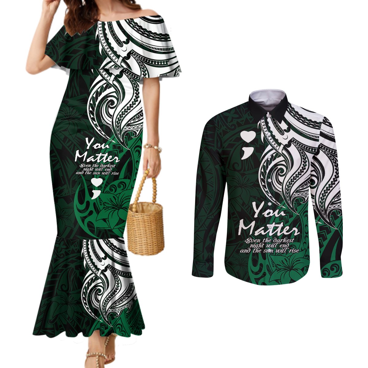 your-matter-suicide-prevention-couples-matching-mermaid-dress-and-long-sleeve-button-shirts-green-polynesian-tribal