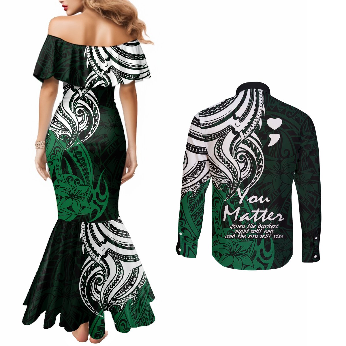 your-matter-suicide-prevention-couples-matching-mermaid-dress-and-long-sleeve-button-shirts-green-polynesian-tribal