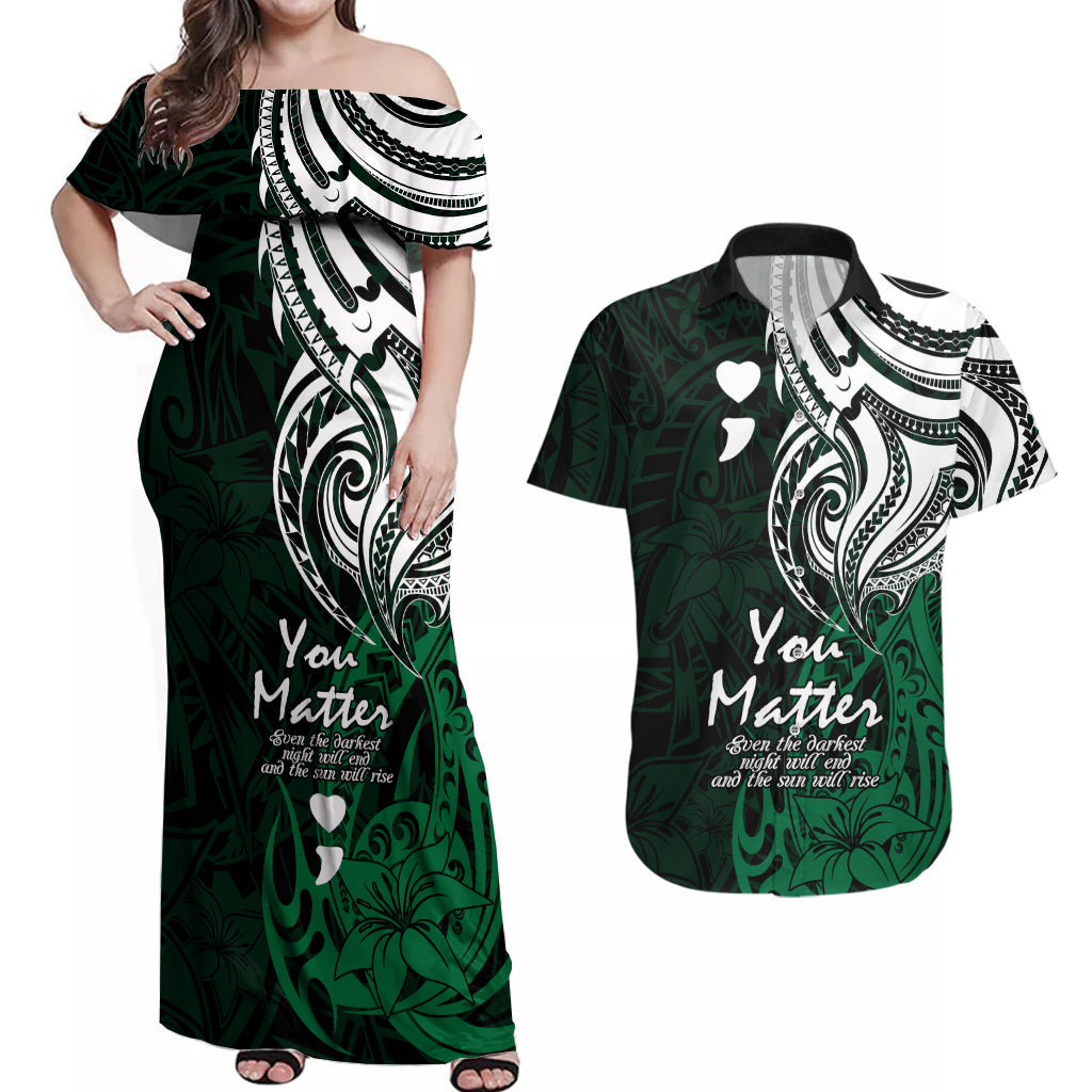 Your Matter Suicide Prevention Couples Matching Off Shoulder Maxi Dress and Hawaiian Shirt Green Polynesian Tribal LT9 - Wonder Print Shop