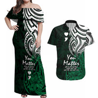 Your Matter Suicide Prevention Couples Matching Off Shoulder Maxi Dress and Hawaiian Shirt Green Polynesian Tribal LT9 - Wonder Print Shop