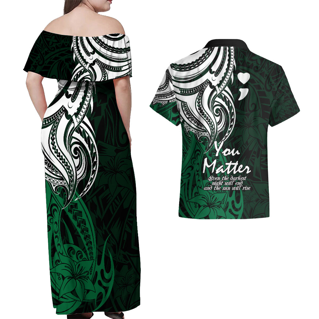 Your Matter Suicide Prevention Couples Matching Off Shoulder Maxi Dress and Hawaiian Shirt Green Polynesian Tribal LT9 - Wonder Print Shop