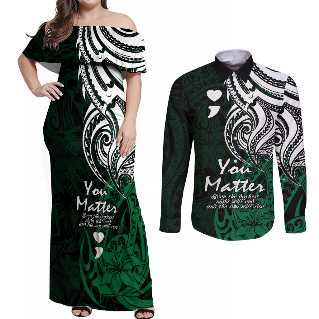 Your Matter Suicide Prevention Couples Matching Off Shoulder Maxi Dress and Long Sleeve Button Shirts Green Polynesian Tribal LT9 - Wonder Print Shop