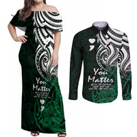Your Matter Suicide Prevention Couples Matching Off Shoulder Maxi Dress and Long Sleeve Button Shirts Green Polynesian Tribal LT9 - Wonder Print Shop