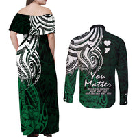Your Matter Suicide Prevention Couples Matching Off Shoulder Maxi Dress and Long Sleeve Button Shirts Green Polynesian Tribal LT9 - Wonder Print Shop