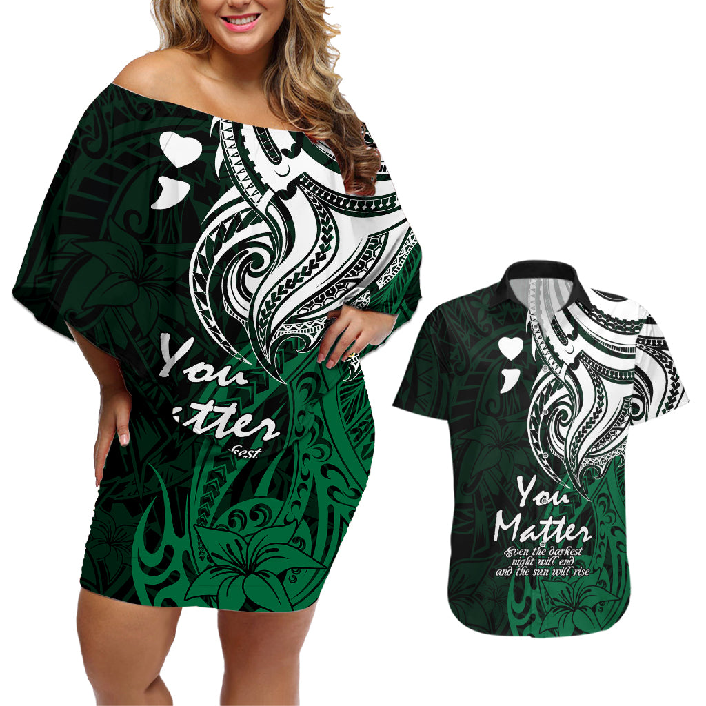 Your Matter Suicide Prevention Couples Matching Off Shoulder Short Dress and Hawaiian Shirt Green Polynesian Tribal LT9 - Wonder Print Shop