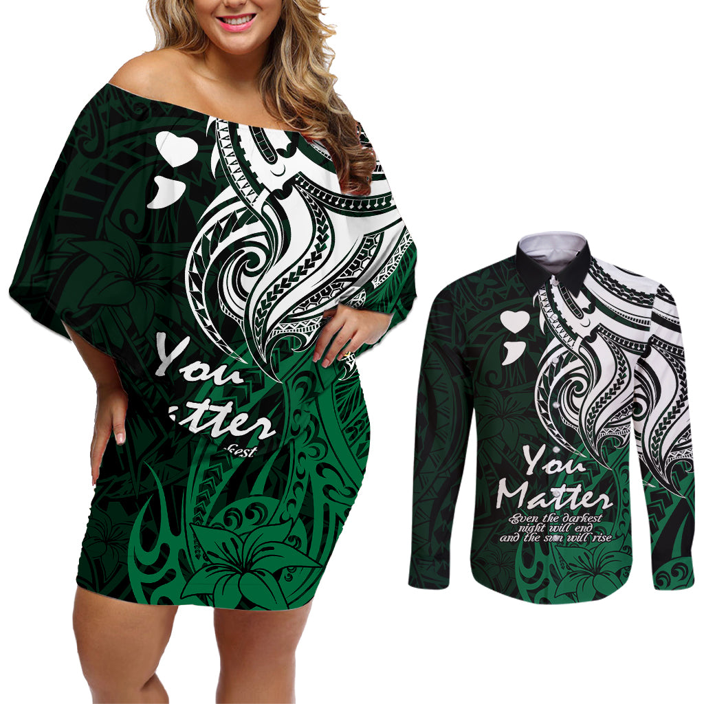 Your Matter Suicide Prevention Couples Matching Off Shoulder Short Dress and Long Sleeve Button Shirts Green Polynesian Tribal LT9 - Wonder Print Shop