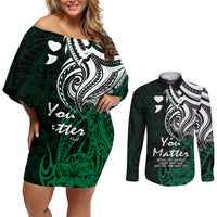 Your Matter Suicide Prevention Couples Matching Off Shoulder Short Dress and Long Sleeve Button Shirts Green Polynesian Tribal LT9 - Wonder Print Shop