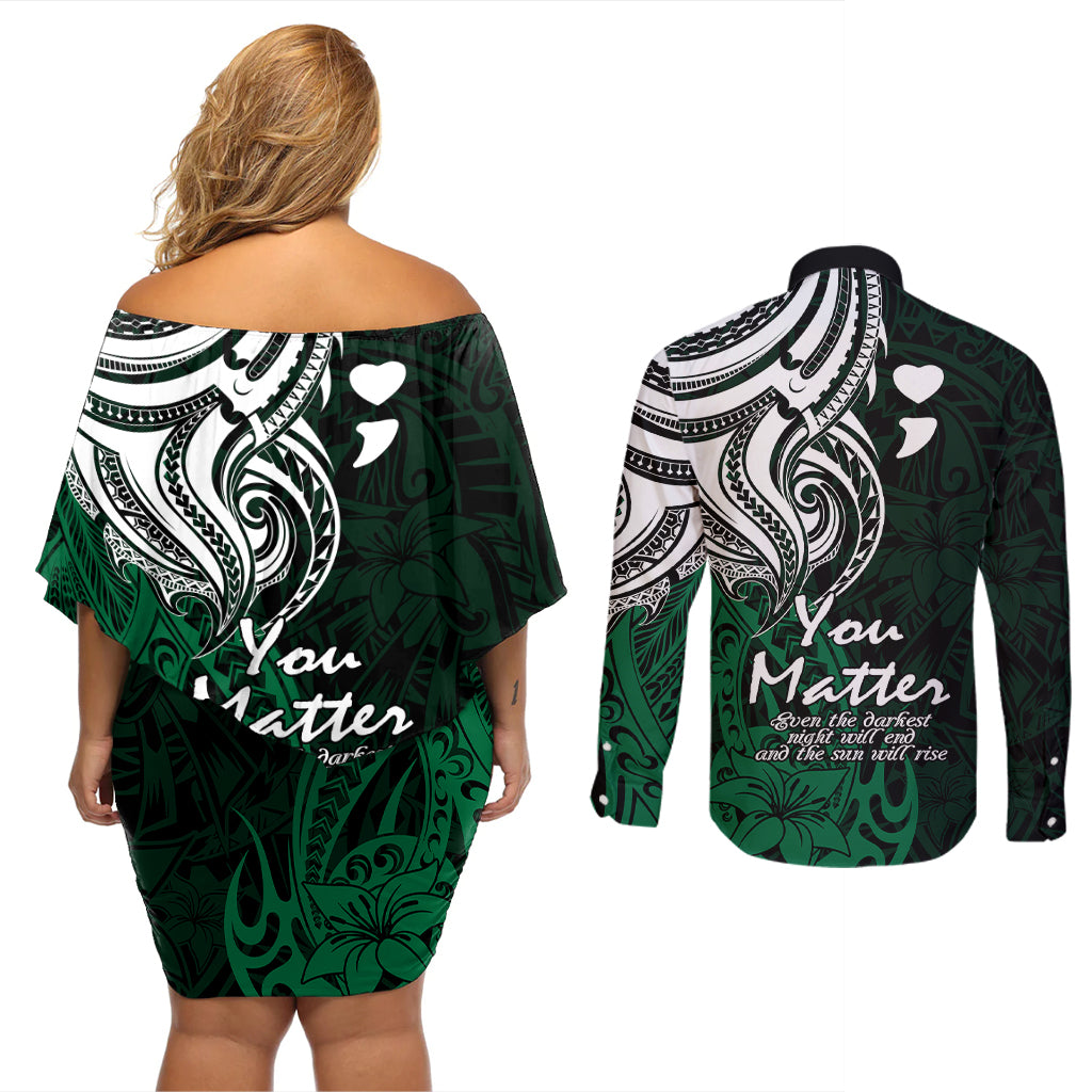 Your Matter Suicide Prevention Couples Matching Off Shoulder Short Dress and Long Sleeve Button Shirts Green Polynesian Tribal LT9 - Wonder Print Shop