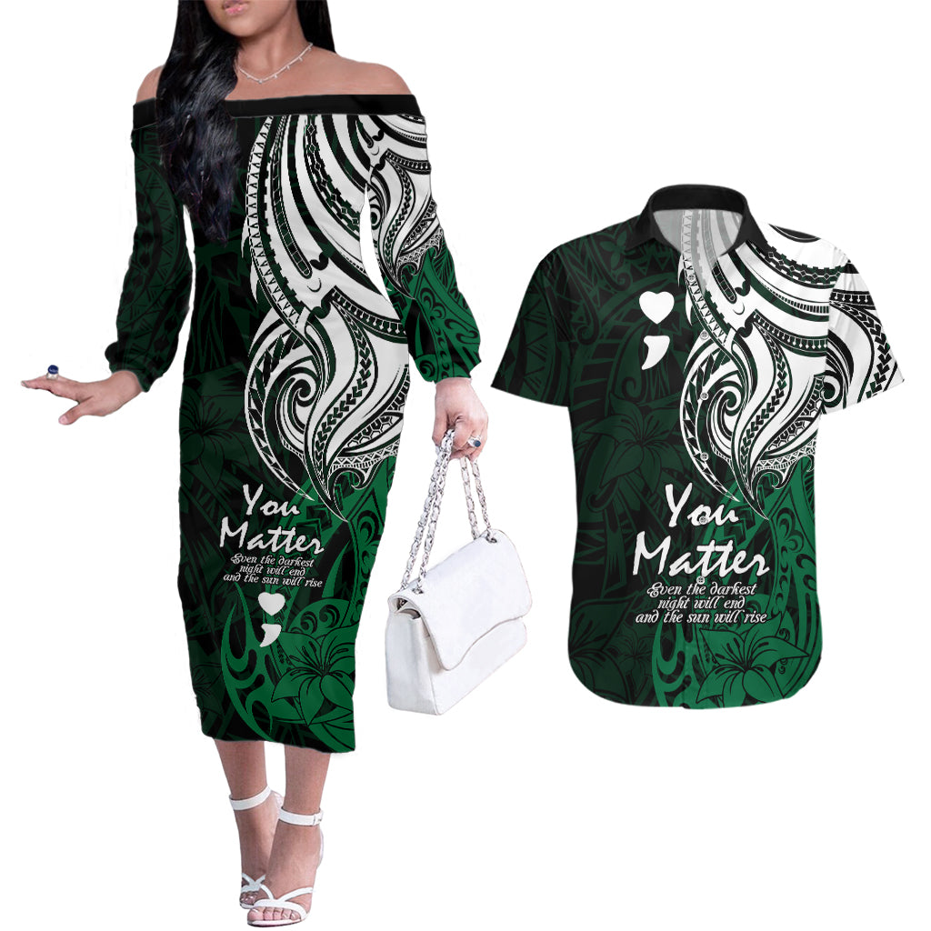 Your Matter Suicide Prevention Couples Matching Off The Shoulder Long Sleeve Dress and Hawaiian Shirt Green Polynesian Tribal LT9 - Wonder Print Shop
