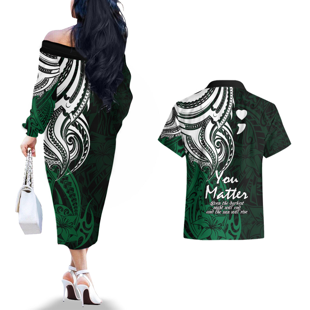 Your Matter Suicide Prevention Couples Matching Off The Shoulder Long Sleeve Dress and Hawaiian Shirt Green Polynesian Tribal LT9 - Wonder Print Shop
