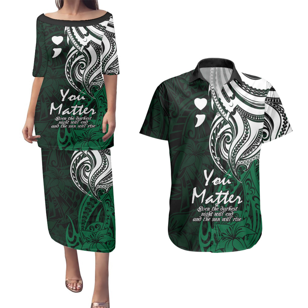 Your Matter Suicide Prevention Couples Matching Puletasi Dress and Hawaiian Shirt Green Polynesian Tribal LT9 - Wonder Print Shop