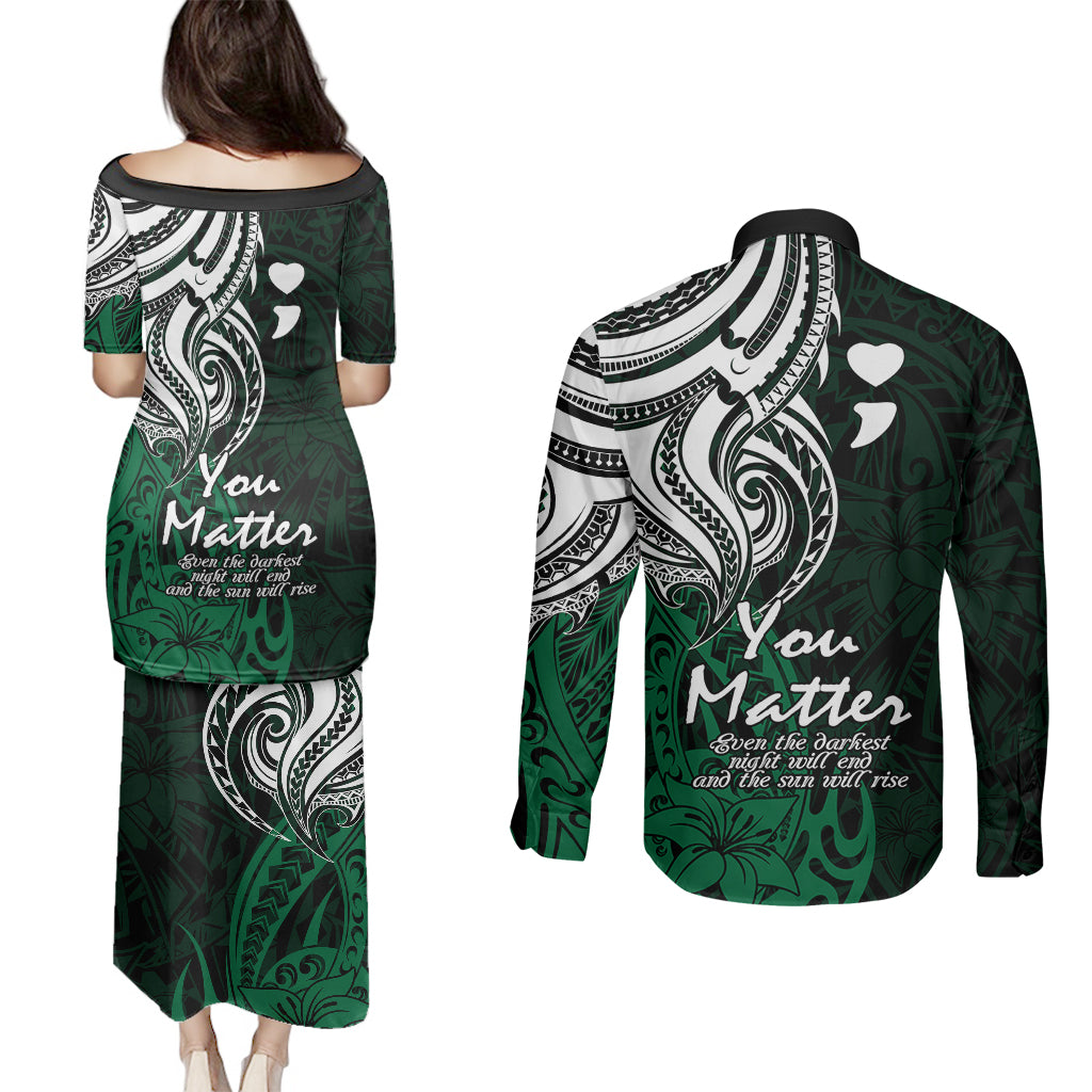 Your Matter Suicide Prevention Couples Matching Puletasi Dress and Long Sleeve Button Shirts Green Polynesian Tribal LT9 - Wonder Print Shop