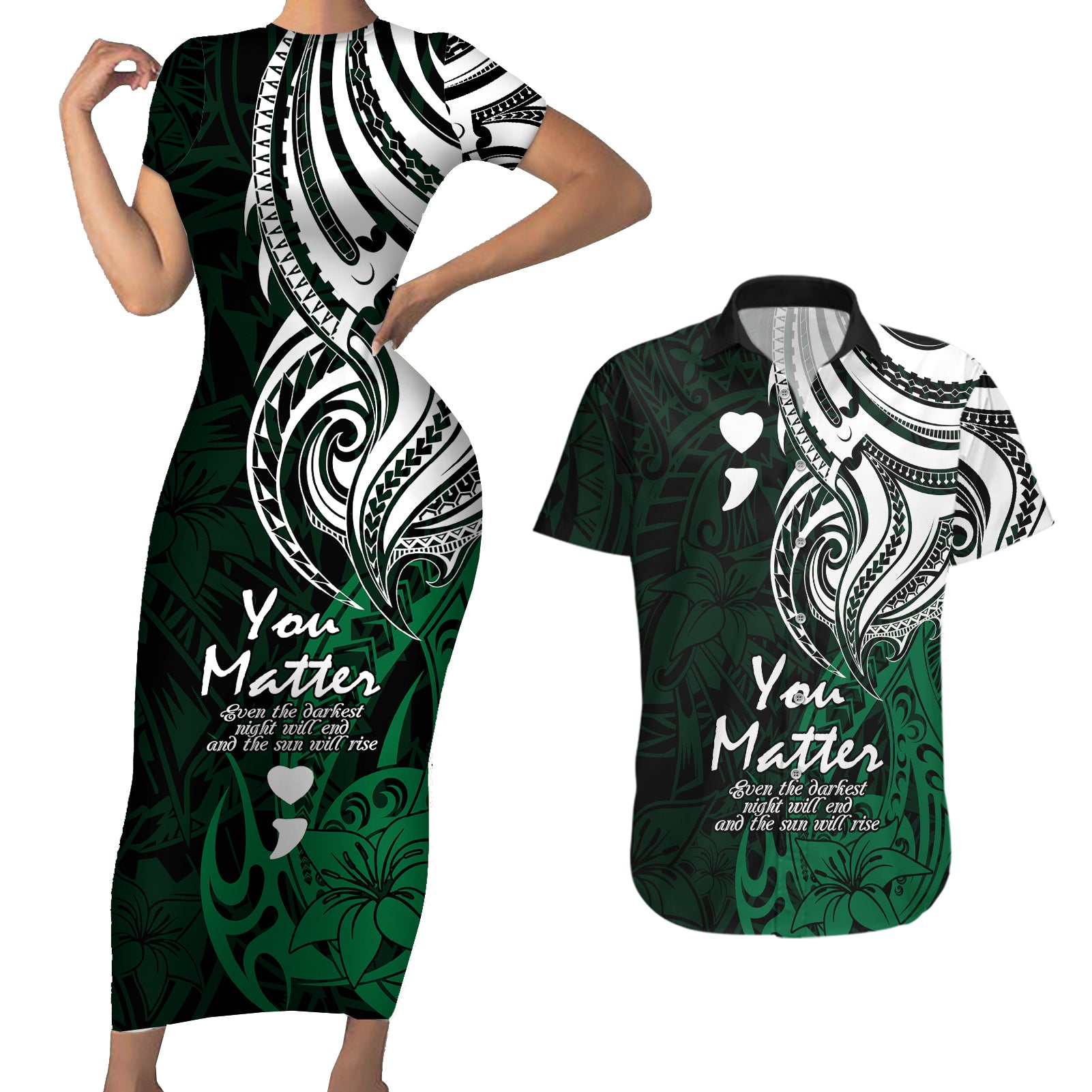 Your Matter Suicide Prevention Couples Matching Short Sleeve Bodycon Dress and Hawaiian Shirt Green Polynesian Tribal LT9 - Wonder Print Shop