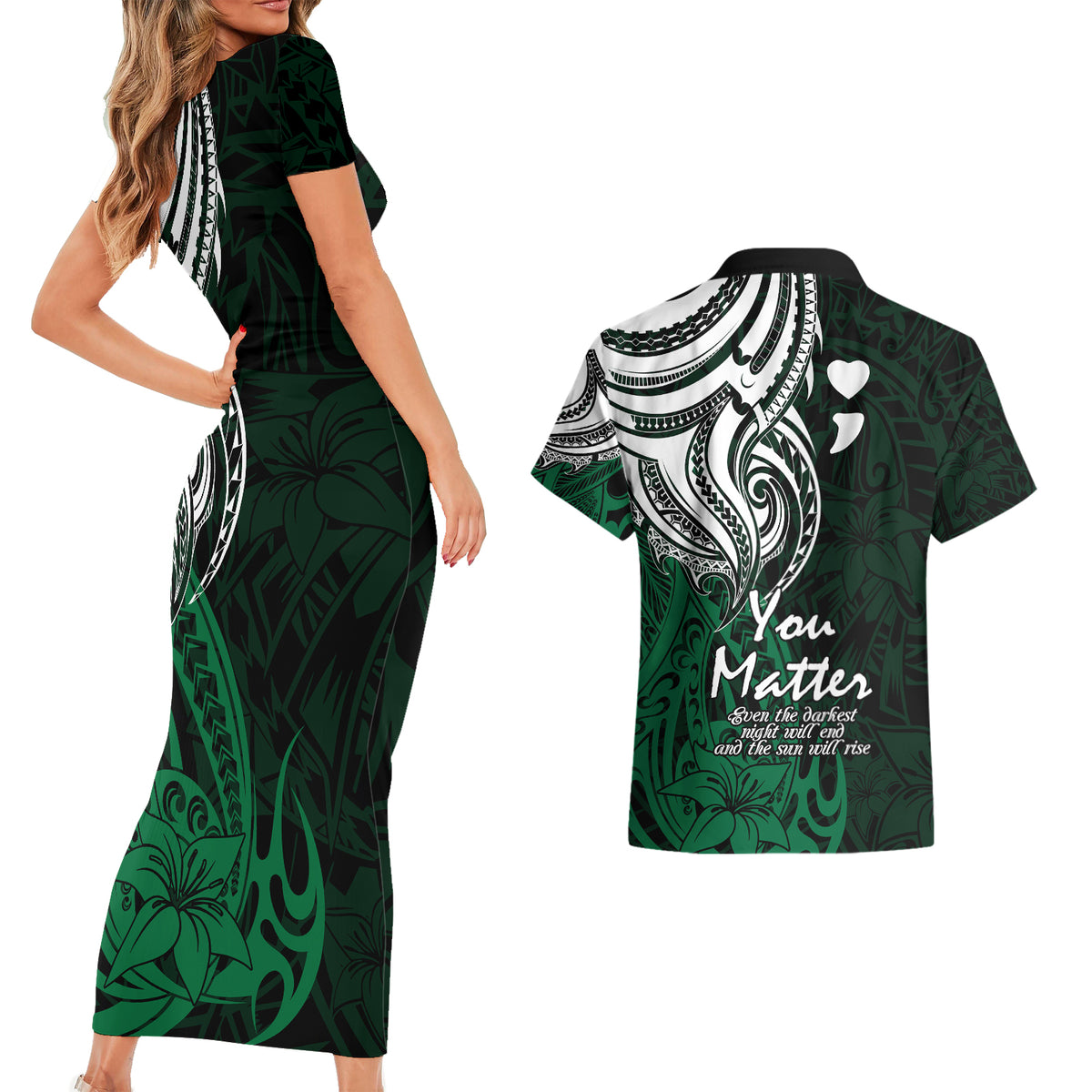 Your Matter Suicide Prevention Couples Matching Short Sleeve Bodycon Dress and Hawaiian Shirt Green Polynesian Tribal LT9 - Wonder Print Shop
