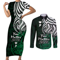Your Matter Suicide Prevention Couples Matching Short Sleeve Bodycon Dress and Long Sleeve Button Shirts Green Polynesian Tribal LT9 - Wonder Print Shop