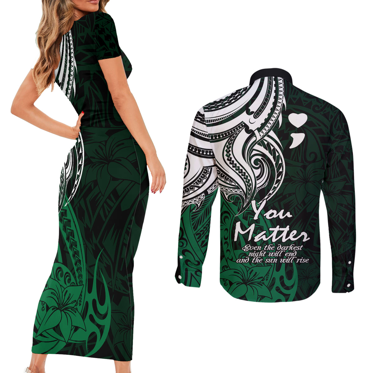 Your Matter Suicide Prevention Couples Matching Short Sleeve Bodycon Dress and Long Sleeve Button Shirts Green Polynesian Tribal LT9 - Wonder Print Shop