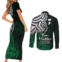 Your Matter Suicide Prevention Couples Matching Short Sleeve Bodycon Dress and Long Sleeve Button Shirts Green Polynesian Tribal LT9 - Wonder Print Shop