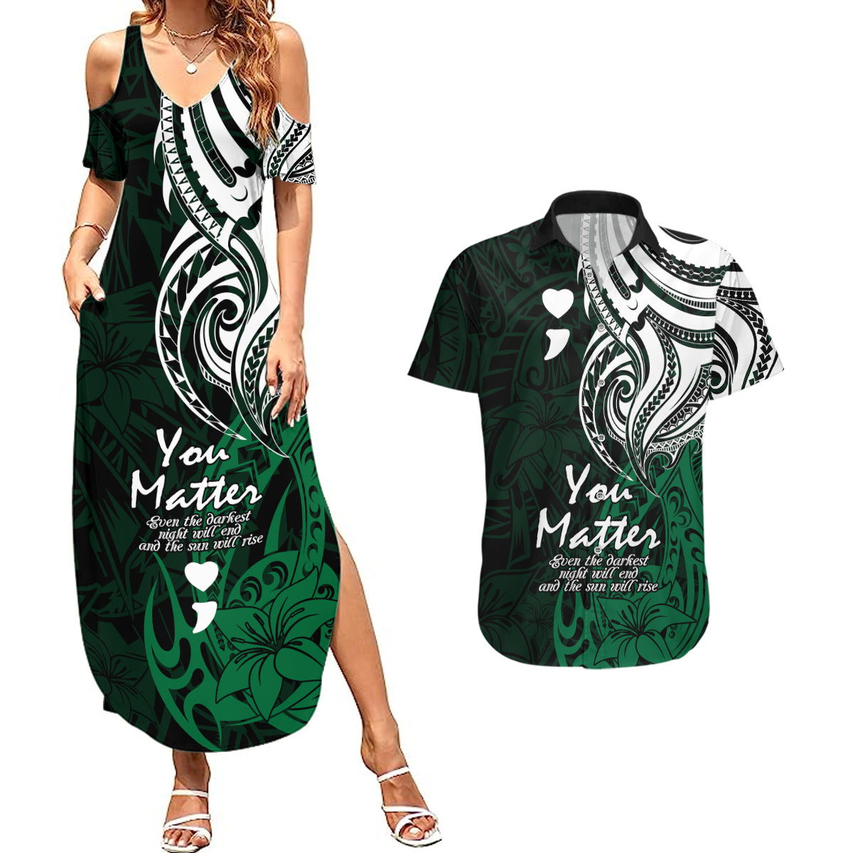Your Matter Suicide Prevention Couples Matching Summer Maxi Dress and Hawaiian Shirt Green Polynesian Tribal LT9 - Wonder Print Shop