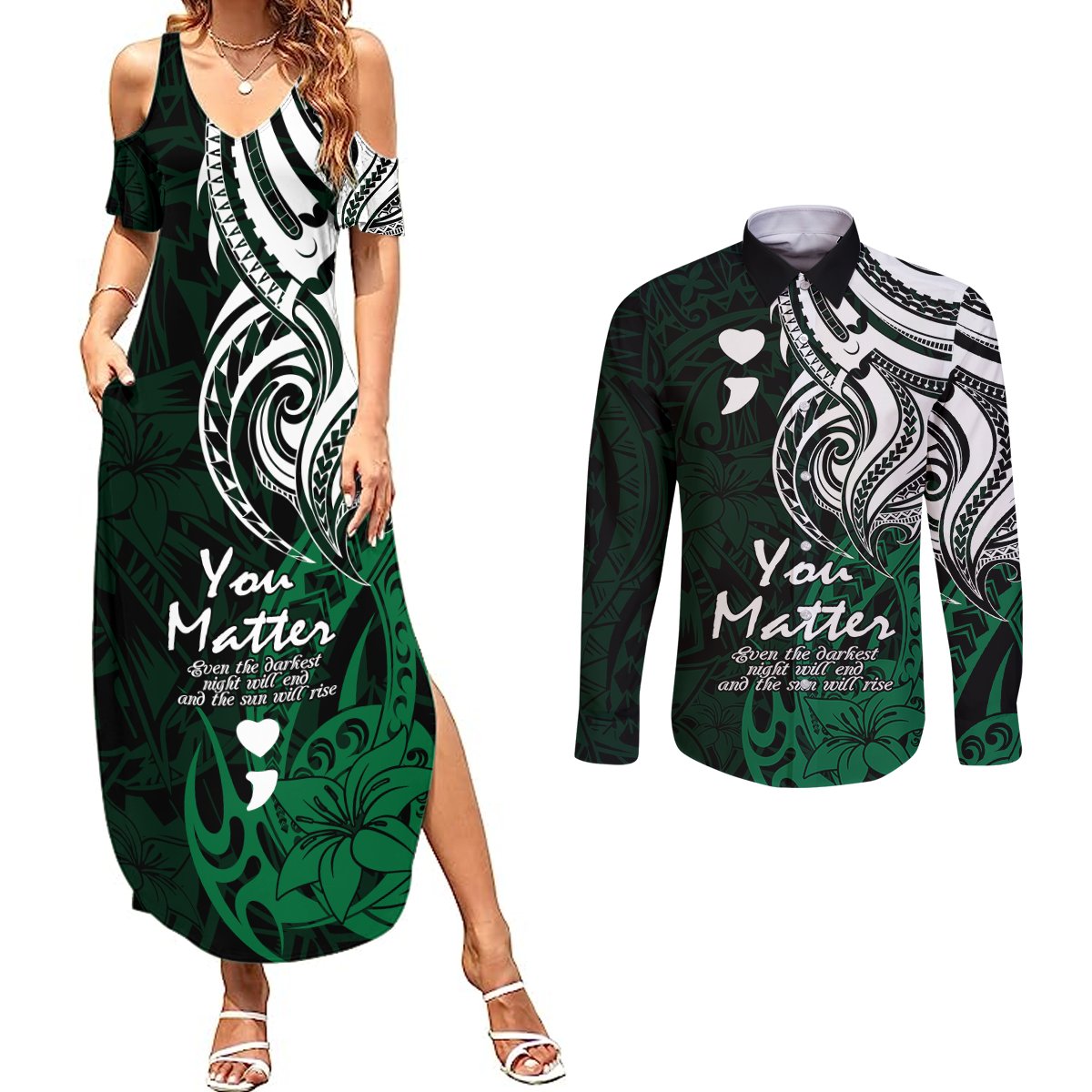Your Matter Suicide Prevention Couples Matching Summer Maxi Dress and Long Sleeve Button Shirts Green Polynesian Tribal LT9 - Wonder Print Shop