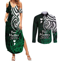 Your Matter Suicide Prevention Couples Matching Summer Maxi Dress and Long Sleeve Button Shirts Green Polynesian Tribal LT9 - Wonder Print Shop