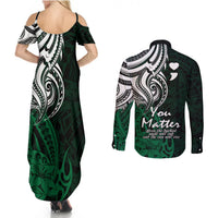 Your Matter Suicide Prevention Couples Matching Summer Maxi Dress and Long Sleeve Button Shirts Green Polynesian Tribal LT9 - Wonder Print Shop