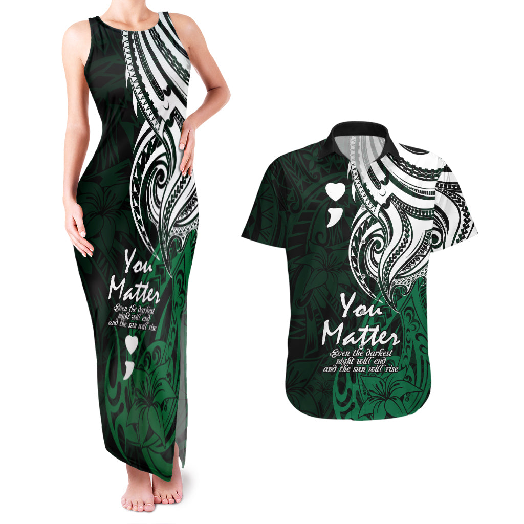 Your Matter Suicide Prevention Couples Matching Tank Maxi Dress and Hawaiian Shirt Green Polynesian Tribal LT9 - Wonder Print Shop