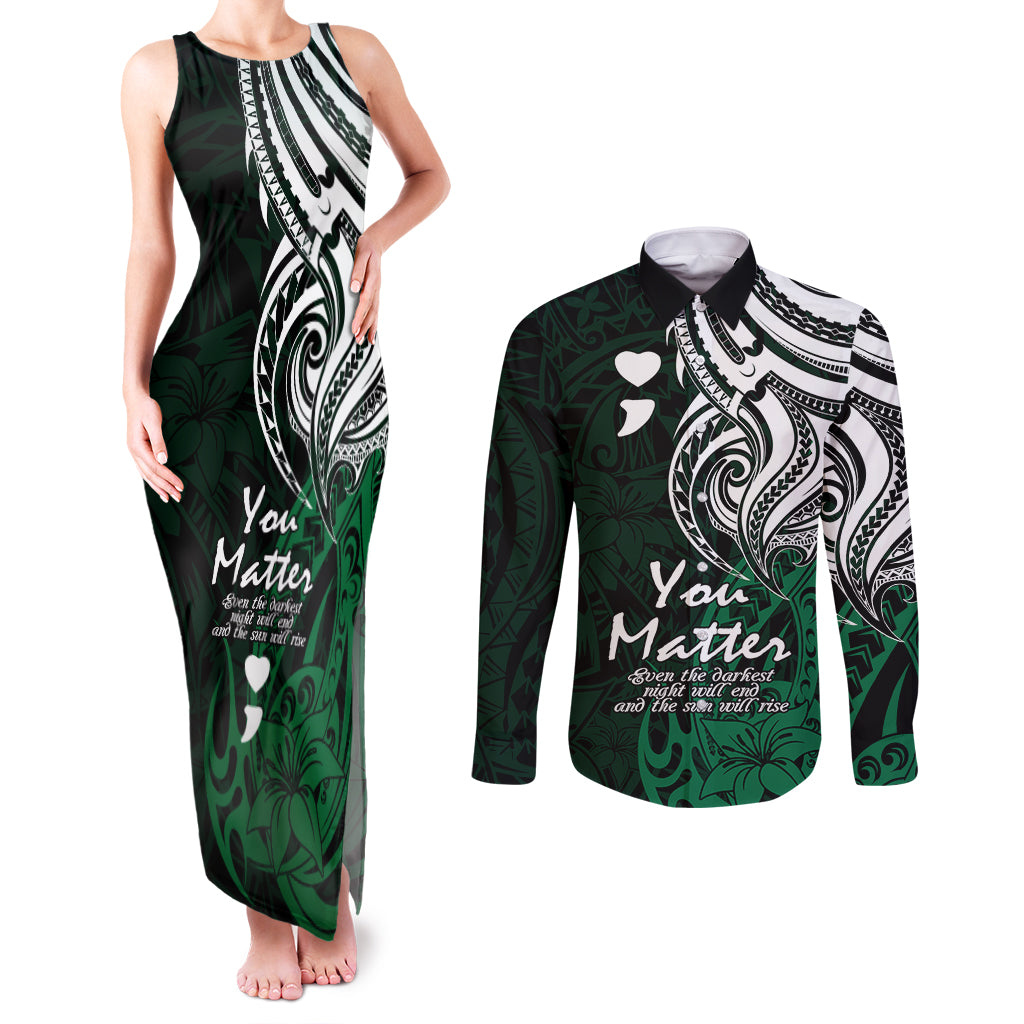 Your Matter Suicide Prevention Couples Matching Tank Maxi Dress and Long Sleeve Button Shirts Green Polynesian Tribal LT9 - Wonder Print Shop