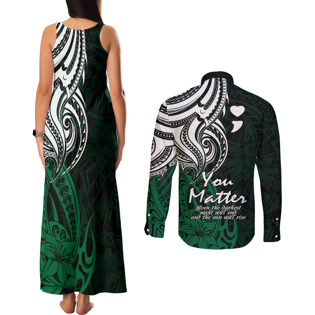 Your Matter Suicide Prevention Couples Matching Tank Maxi Dress and Long Sleeve Button Shirts Green Polynesian Tribal LT9 - Wonder Print Shop