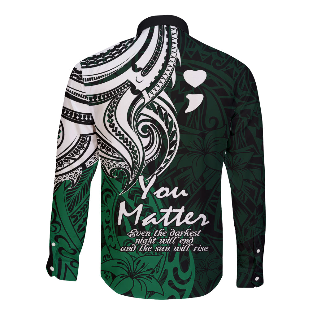 Your Matter Suicide Prevention Long Sleeve Button Shirt Green Polynesian Tribal - Wonder Print Shop