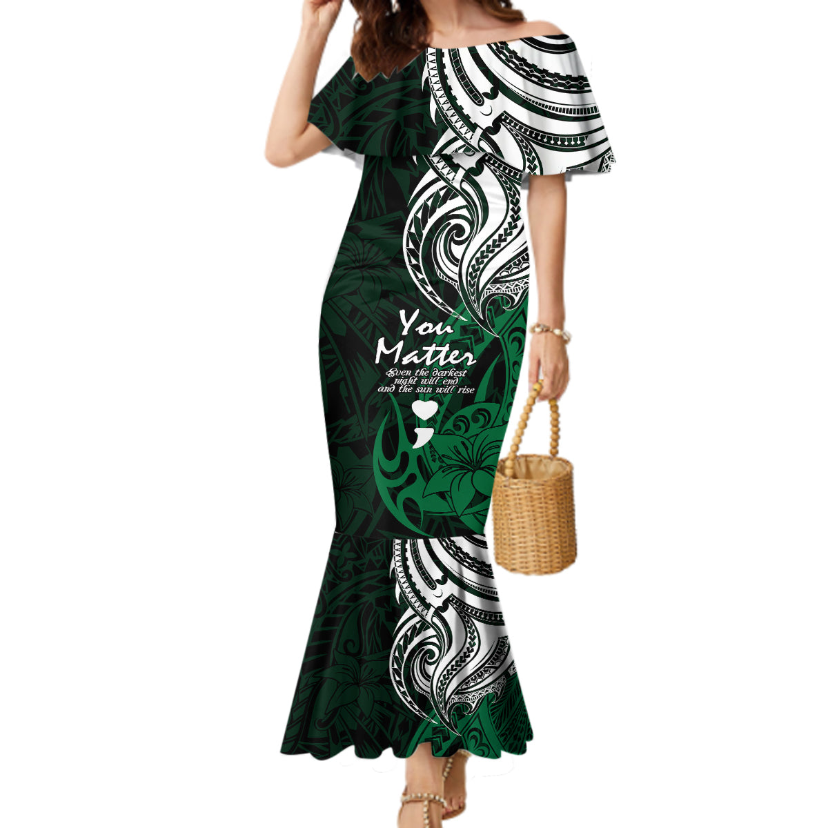 Your Matter Suicide Prevention Mermaid Dress Green Polynesian Tribal - Wonder Print Shop
