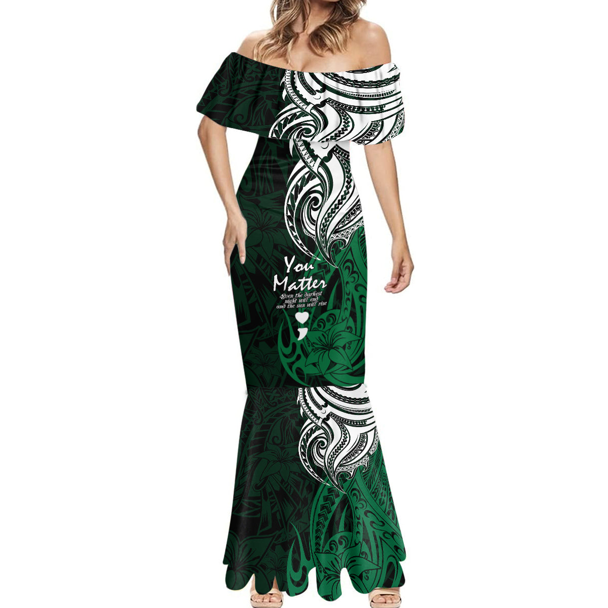 Your Matter Suicide Prevention Mermaid Dress Green Polynesian Tribal - Wonder Print Shop