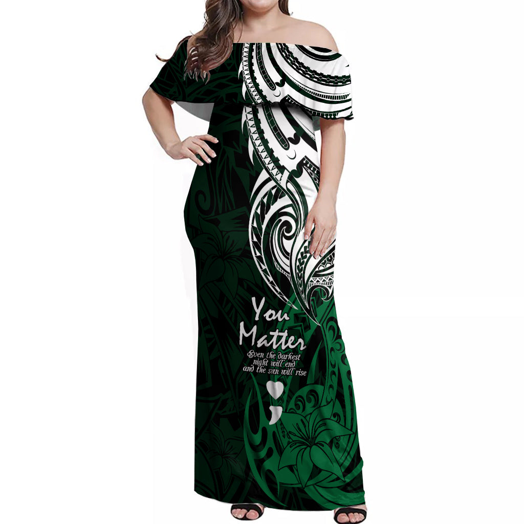 Your Matter Suicide Prevention Off Shoulder Maxi Dress Green Polynesian Tribal - Wonder Print Shop