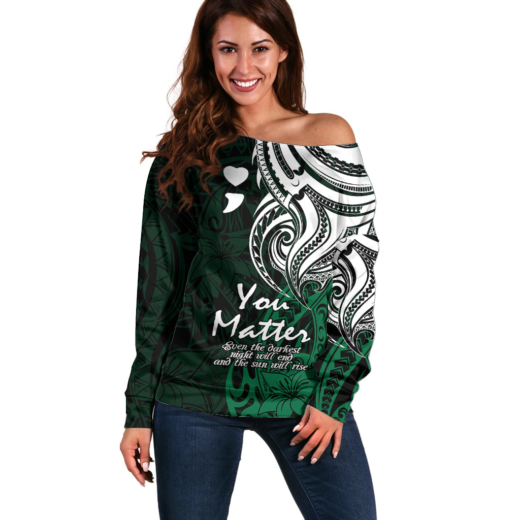 Your Matter Suicide Prevention Off Shoulder Sweater Green Polynesian Tribal - Wonder Print Shop