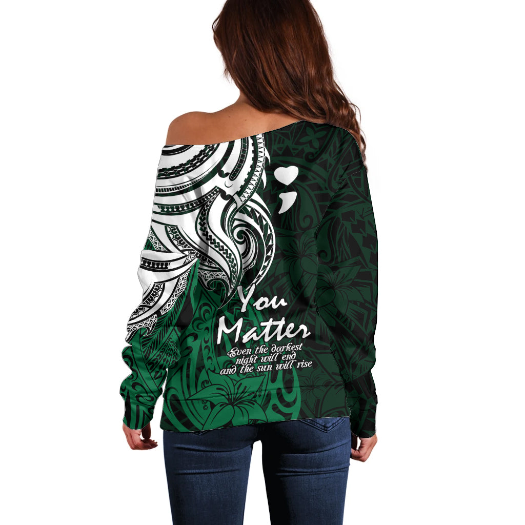 Your Matter Suicide Prevention Off Shoulder Sweater Green Polynesian Tribal - Wonder Print Shop
