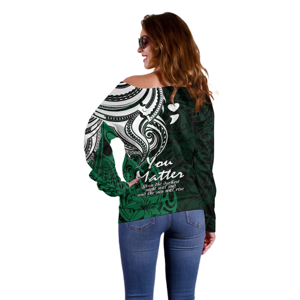Your Matter Suicide Prevention Off Shoulder Sweater Green Polynesian Tribal - Wonder Print Shop