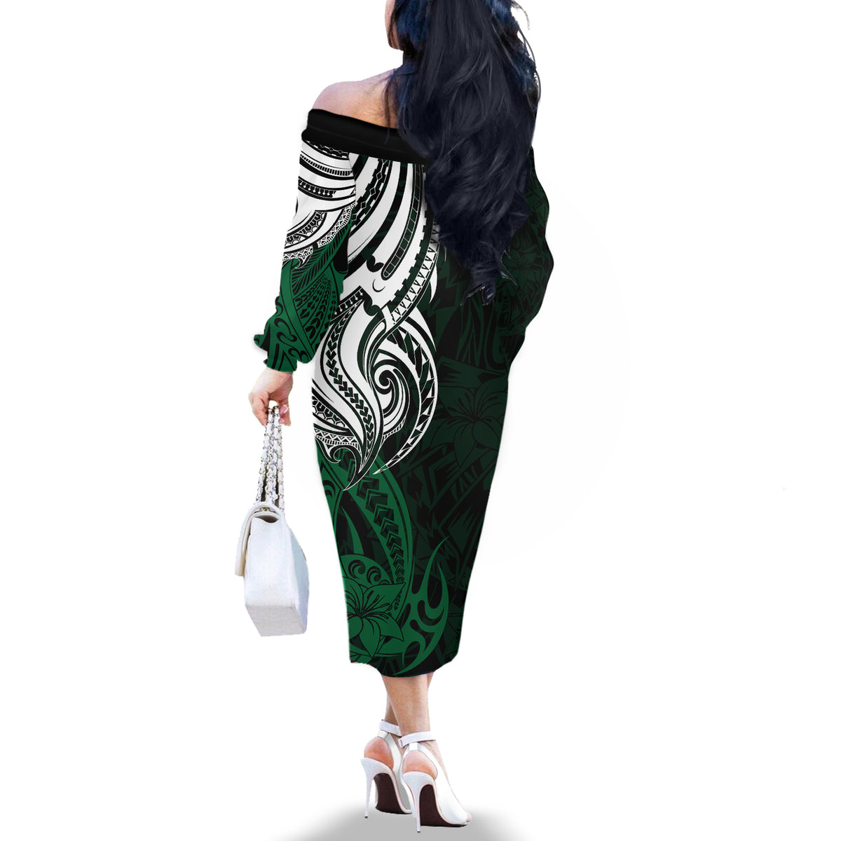 Your Matter Suicide Prevention Off The Shoulder Long Sleeve Dress Green Polynesian Tribal - Wonder Print Shop