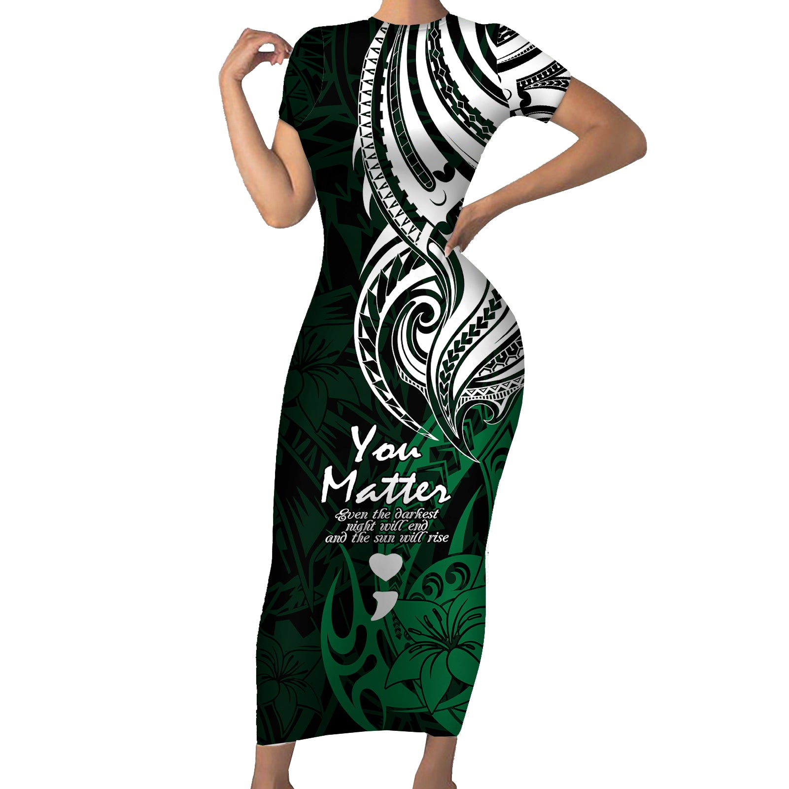 Your Matter Suicide Prevention Short Sleeve Bodycon Dress Green Polynesian Tribal - Wonder Print Shop
