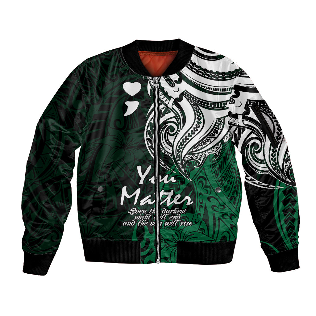 Your Matter Suicide Prevention Sleeve Zip Bomber Jacket Green Polynesian Tribal - Wonder Print Shop